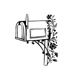 a black and white drawing of a mailbox with flowers growing out of the front