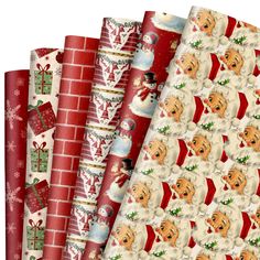 christmas wrapping paper with santa's dogs and presents on them, all in red