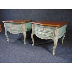 pair of french provincial style nightstands with wood top in mint green and walnut finish