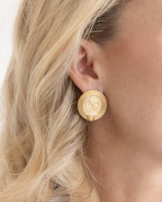 When in Rome, we wear Susan Shaw! Our Roma Coin Studs were made by molding an ancient Roman coin to a more refined . Bold, gold, and timeless, we think all roads should lead to you having these earrings in your jewelry box. Coin Earrings Gold Indian, Gold Coin Pendant Earrings, Yellow Gold Medallion Brass Earrings, Elegant Yellow Gold Medallion Earrings, Elegant Yellow Gold Earrings With Coin Pendant, Elegant Gold Coin-shaped Earrings, Elegant Gold Coin Earrings, Timeless Gold Clip-on Earrings, Elegant Coin Pendant Earrings For Gift