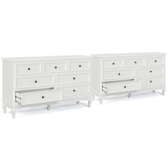 two white dressers side by side against a white background with no one in it