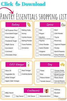 the printable pantry essentials shopping list is shown in pink and yellow with an arrow pointing