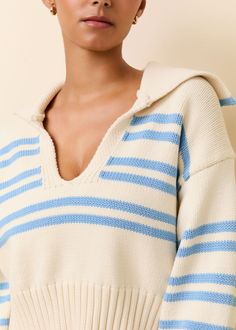 Meet The Lola Pullover, your new favorite throw-on-and-go knit. Offering a relaxed, cropped fit with a collared v-neckline. Throw it over your swimsuit or style with your Celeste Short. This is an exclusive style. Nautical Sweater, Shop Bikinis, Wear To Work Dress, Marina Blue, Knit Outerwear, Spring Sweater, Solid & Striped, Matching Dresses, Sporty Style