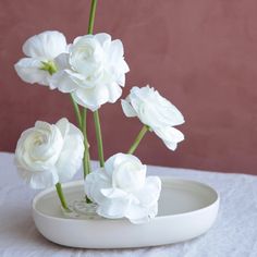 some white flowers are in a bowl on a table