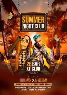 a flyer for a summer night club with two people