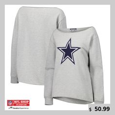 Add a touch of sparkle to your Dallas Cowboys game day look with this Lauren James Shoulder Off Sweat Rhinestone Long Sleeve T-Shirt. With its stylish shoulder off design and boat neck, this top exudes casual sophistication.  The screen print graphics are enhanced with sparkling rhinestone embellishments, adding a touch of glamour to your game day look. Dallas Cowboys Game Day, Cowboys Game Day, Dallas Cowboys Game, Shoulder Off, Gameday Couture, Lauren James, Rhinestone Embellishments, Lightweight Tops, Cropped Style