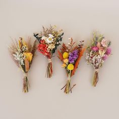 five different types of flowers are arranged in a row