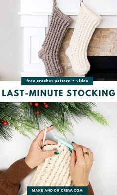 Searching for Christmas crochet ideas? This free crochet pattern from Make and Do Crew is for you! In just two hours, you can make a Christmas crochet stocking with chunky yarn and easy stitches. This DIY Christmas stocking pattern is perfect for beginners. Visit the blog to get the free pattern and follow along with the video tutorial. You may discover even more crochet Christmas decorations and holiday projects! - Crochet Xmas Crochet Christmas Decorations Free, Diy Christmas Stocking Pattern, Christmas Crochet Ideas, Easy Beginner Crochet Patterns, Crochet Christmas Stocking Pattern, Xmas Design, Fast Crochet, Crochet Stocking