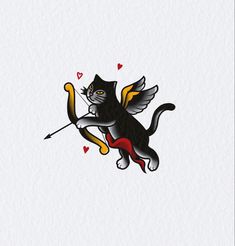 a black and white cat with an arrow on it's back flying through the air