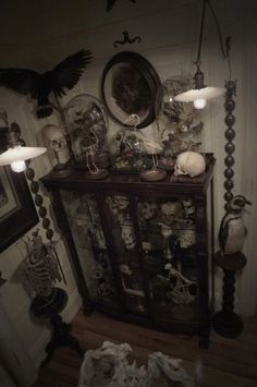 a dark room with many items on the shelf