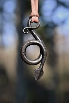 a metal object hanging from a rope in the woods