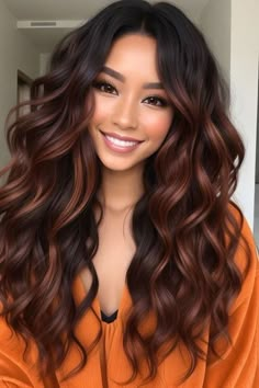 Dramatic Dark Hair Color, Burgundy With Highlights Hair, Dark Hair Red And Blonde Highlights, Brunette Balayage With Red, Women Haircolor Ideas, Brown Hair Fall Balayage, Fall Hair Colors For Medium Skin Tone, Chocolate And Copper Balayage, Brunette Hair With Cinnamon Highlights