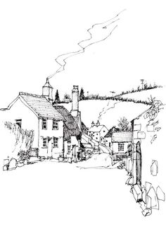 a black and white drawing of a house with trees in the background, on top of a hill