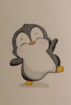 a drawing of a penguin with one foot in the air and another on its back