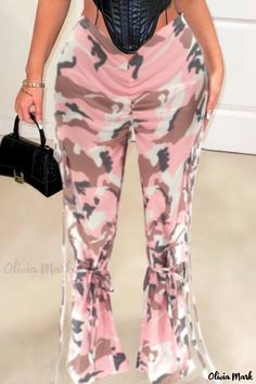 Olivia Mark - Yellow Camouflage Print Patchwork Trousers in Regular Fit Patchwork Trousers, Purple And Gold Dress, Fitted Dress Pants, Pink Camouflage, Camouflage Print, Printed Trousers, Classic Jeans, Elastic Waist Pants, Military Inspired