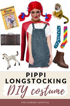 Pippi Longstocking diy Costume Pippi Longstocking Costume Woman Diy, Pippy Long Stocking Costume, Pippi Longstocking Costume, Pippi Longstocking Costumes, Book Character Costume, Red Braids, Mismatched Socks, Book Character Costumes, Overall Jumper