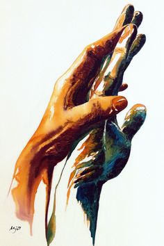 a painting of two hands holding something orange and green with brown streaks on the fingers