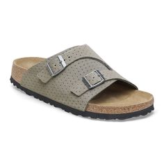 Back by popular demand. The BIRKENSTOCK Zürich returns with its long-loved design featuring extra coverage and adjustability from two metal pin buckles. This season dotted suede gives your style new dimension with the material you love most. It all rests on our contoured footbed designed to shape to you for the ultimate in custom support. Contoured cork-latex footbed creates custom support with wearClassic suede upperSuede footbed lining helps keep you comfortableEVA sole is flexible and lightwe Stone Coin Birkenstock, Birkenstock Styles, New Dimension, Metal Pins, Natural Leather, Signature Style, Wedge Heels, Wedge Shoes, Mule