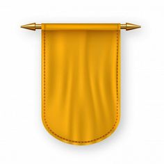 a yellow leather banner with two golden pencils hanging from it's side, on a white background