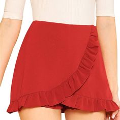 Shein Women's Mid Waist Ruffle Wrap Skort- Never Worn Red Ruffled Shorts, Flirty Red Summer Bottoms, Flirty Red Bottoms For Summer, Chic Ruffled Solid Color Shorts, High Waist Ruffled Skort, Red Ruffled Shorts For Spring, Fitted Solid Shorts With Ruffles, Chic Red Bottoms For Brunch, Casual Party Shorts With Ruffles