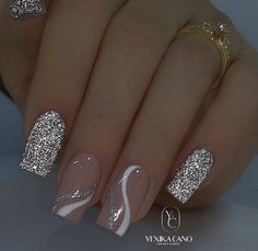 January Nail Designs, Silver Nail Designs, 2023 Homecoming, Nail Designs Ideas, New Years Nail Designs, Silver Glitter Nails, Silver Nail, Long Nail Designs