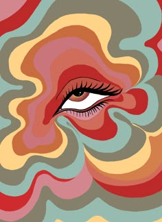 an eye with long lashes is shown in the middle of a colorful background