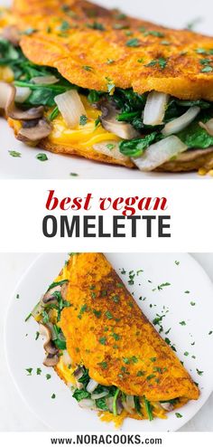 the best vegan omelette recipe with mushrooms, spinach and cheese on top