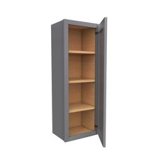 an empty metal cabinet with shelves on each side and one door open to reveal the contents