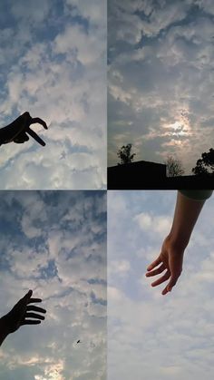 four different pictures of hands reaching up into the sky with clouds in the back ground