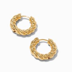 Classic sophistication with a twist! These 18K gold plated, twisted hoop earrings will be a pair that you reach for time after time to add the perfect finishing touch to any outfit. Finish: 18K gold plating Diameter: 12MM Closure: Clicker Material: 18K gold plating, Metal - Claire's 18K Gold Plated 12MM Twisted Clicker Hoop Earrings Cute Gold Earrings, Vision Bored, Earring Stack, Twisted Hoop Earrings, Preppy Jewelry, Boo Basket, Christmas Idea, Time After Time, Outfit Challenge