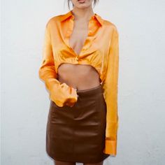 Orange Satin Effect Long Sleeve Crop Top Button Down Never Worn New Frock, Oversized Wool Coat, Spring Trends Outfits, Boucle Coat, Orange Satin, Faux Leather Mini Skirt, Boucle Jacket, Orange Shirt, Runway Trends