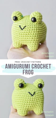 a crocheted frog is shown with the text, free crochet pattern amigurmi crochet frog