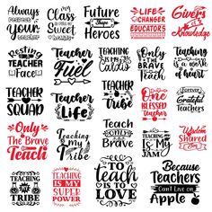 the teacher svt bundle is shown in red and black with different font styles on it