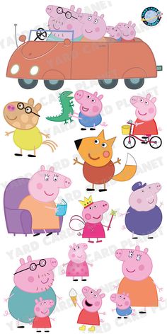 peppa pig family car and other cartoon characters