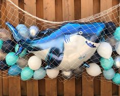 a blue and white toy fish in a net with balls on the bottom, attached to a wooden fence