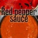 a red pepper sauce in a pot with the words red pepper sauce above it