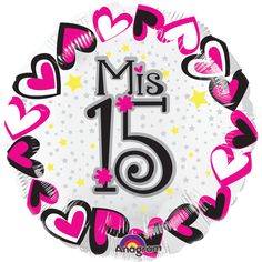 a foil balloon with hearts and stars on the bottom that says miss 15 in black, pink, and white