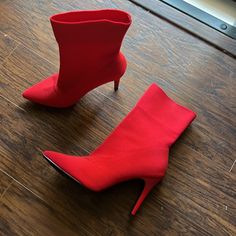 Never Worn Excellent Condition Trendy Red Summer Boots, Fitted Red Boots For Summer, Chic Red Winter Heels, Chic Red Heels For Winter, Trendy Red Boots For Spring, Red High Ankle Heels For Spring, Red Heels For Night Out In Fall, Casual Boots With Red Sole For Spring, Red Casual Party Boots