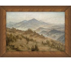 an oil painting of mountains with trees in the foreground and fog in the background