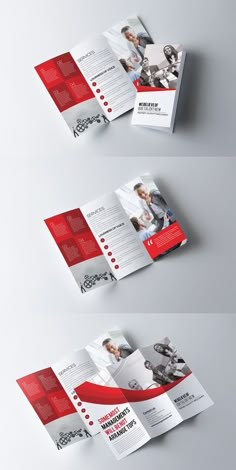 three fold brochure with red and white accents on the front, two side by side