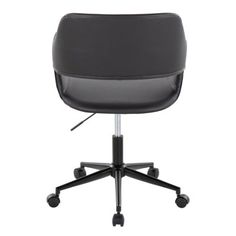 an office chair with wheels and black leather upholstered on the back, viewed from the front