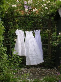 two white dresses hanging on a clothesline in front of some bushes and flowers,