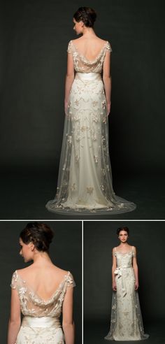 the back of a wedding dress with an open shoulder and long train, is shown in four different angles