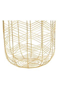 a gold wire basket on a white background