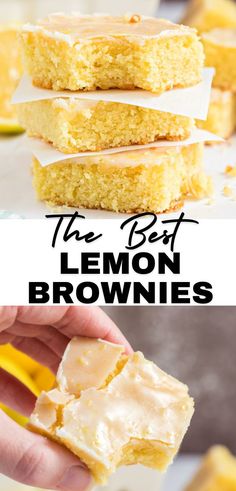 the best lemon brownies are made with only three ingredients and then topped with frosting