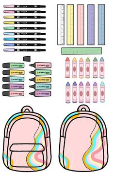 the back to school backpack with markers, pencils and markers on it is shown