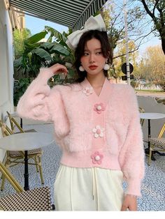 Fluffy Flower Button Cardigan · TeddyLoveEve · Online Store Powered by Storenvy Y2k Fashion Pink, Soft Girl Style, Cardigan Y2k, Flower Cardigan, Fluffy Cardigan, Flower Button, Fuzzy Cardigan, Baby Tees Y2k, Backless Crop Top