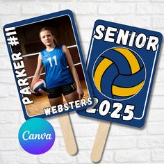 two personalized paddles with volleyball pictures on them and the words senior webers