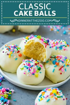 white cake balls with sprinkles on a plate and text overlay that reads classic cake balls