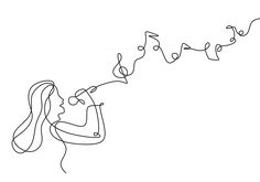 a drawing of a woman blowing out confetti on a string with the word love spelled in it